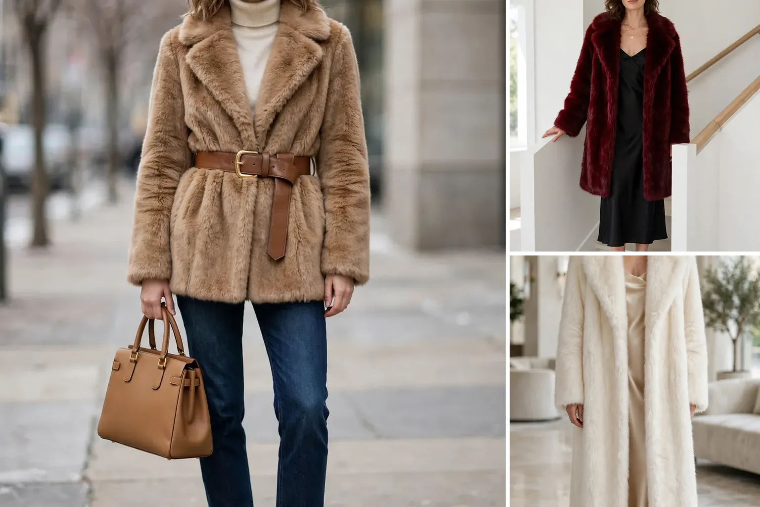 Collage of three faux fur coat outfits in camel burgundy and ivory