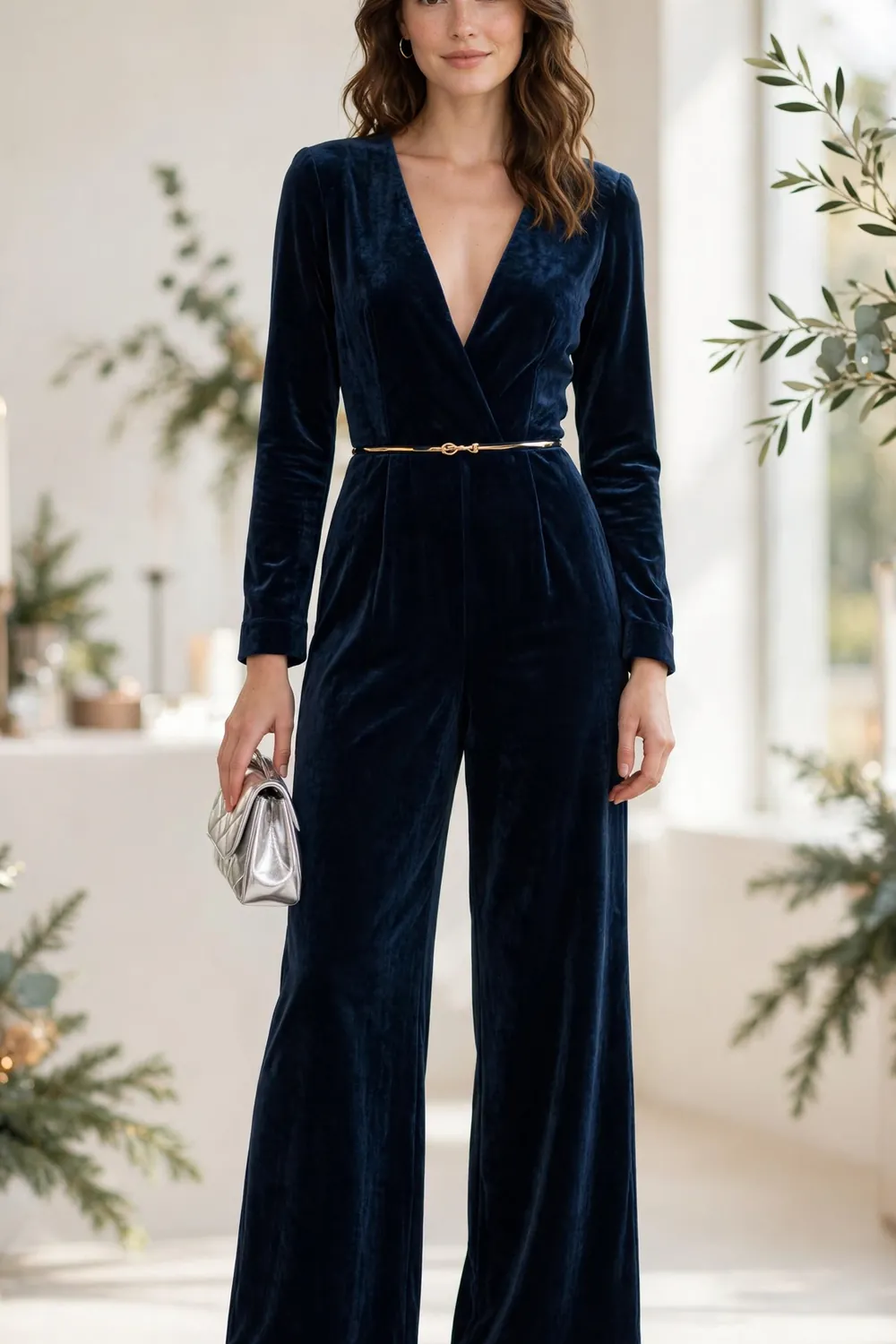Woman wearing a midnight blue velvet wide leg jumpsuit with a gold belt and silver heels