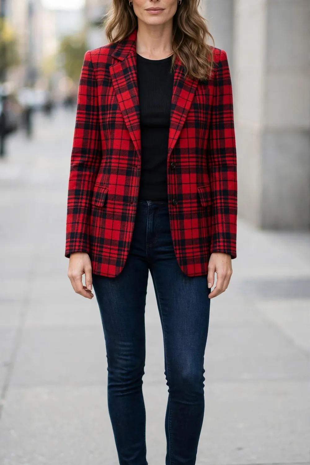 Woman in a red tartan plaid blazer with black top and dark jeans on a city street, a plaid and check outfit idea for fall