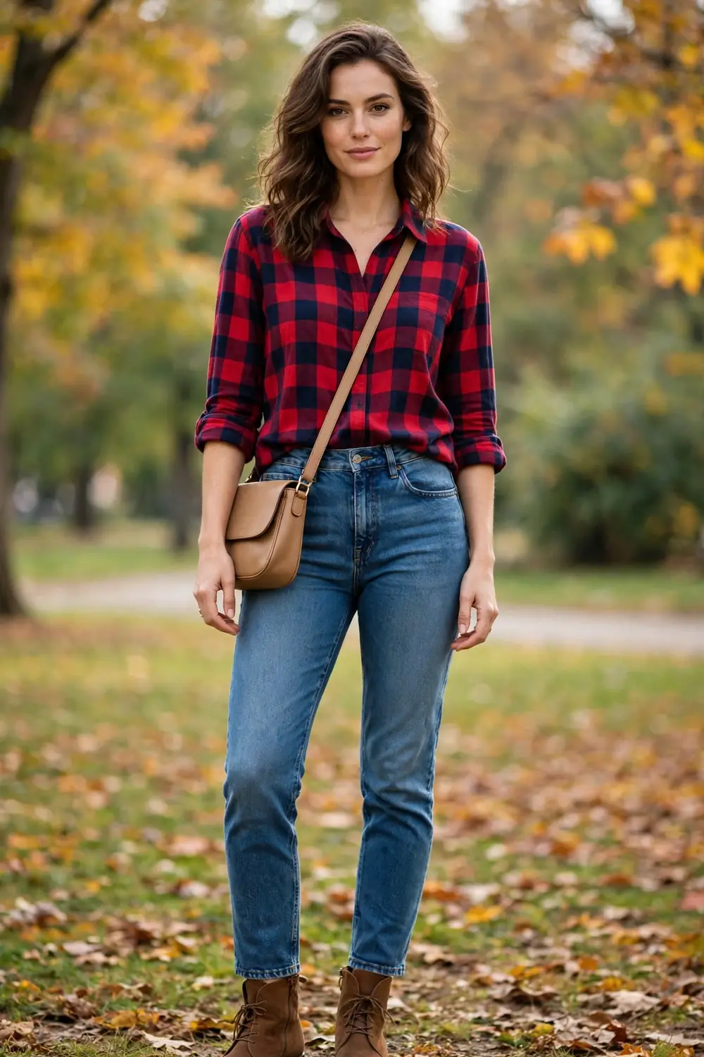 Woman in a red and navy buffalo plaid flannel shirt with blue jeans and brown boots