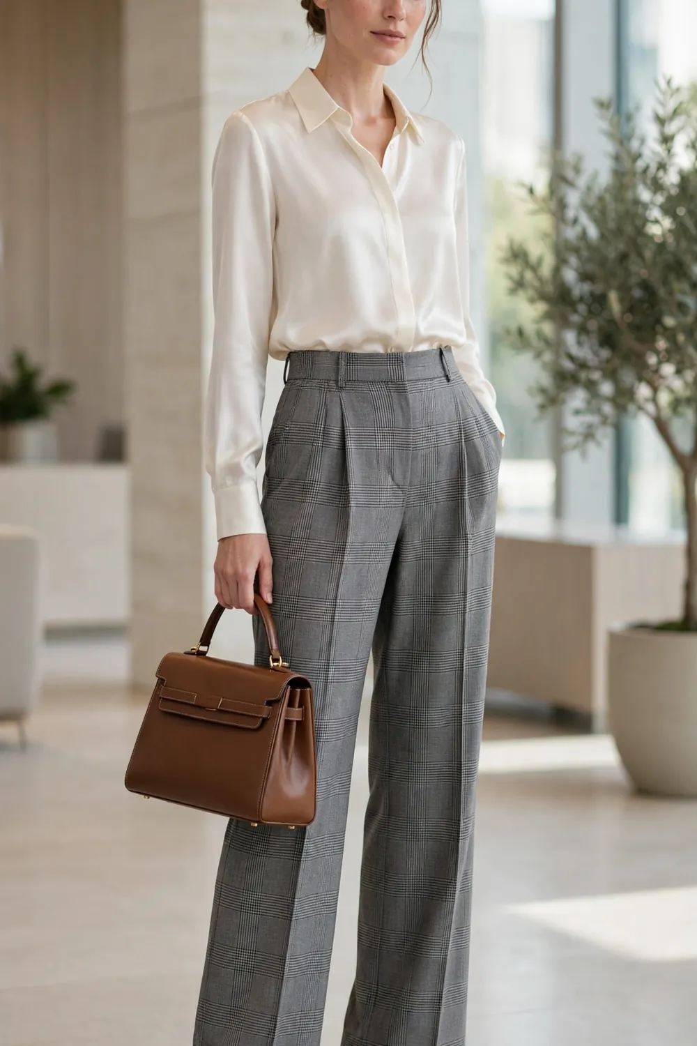 Woman in gray glen plaid wide leg trousers with ivory blouse and nude heels