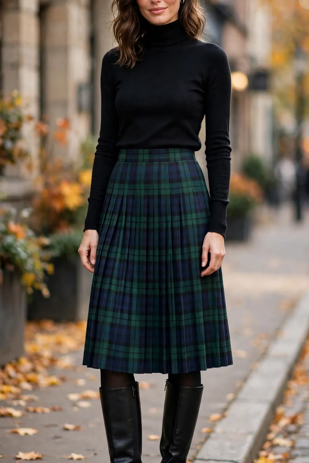 Woman in green tartan pleated midi skirt with black turtleneck and knee high boots