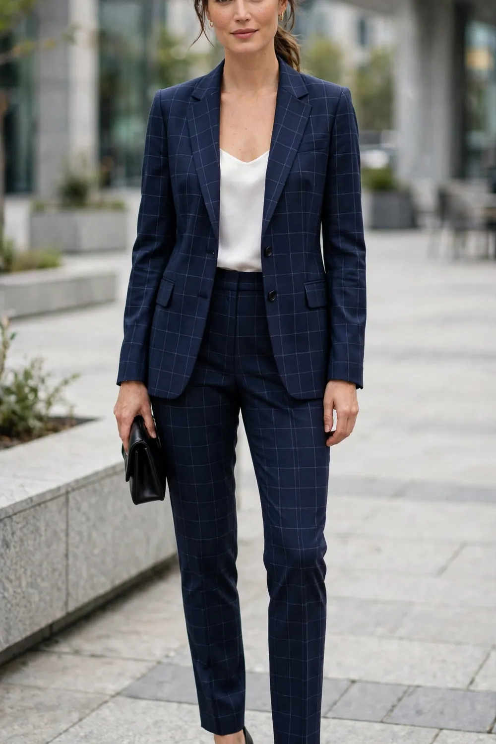 Woman in navy windowpane check blazer and trousers with black pumps