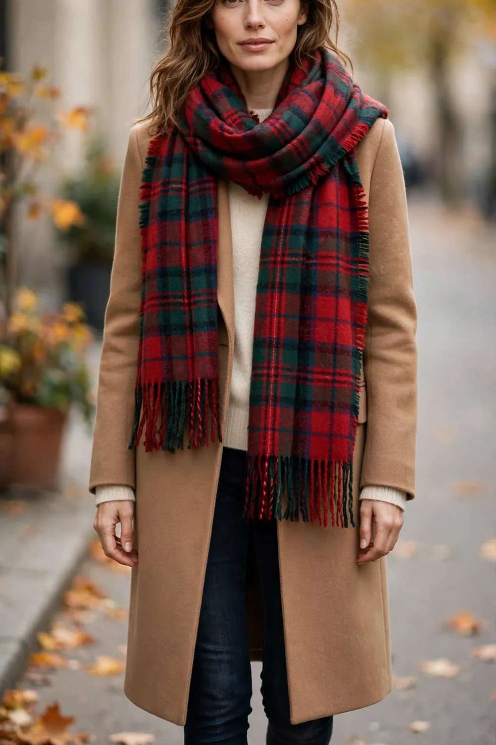 Woman in camel coat with red and green tartan wool scarf and brown boots