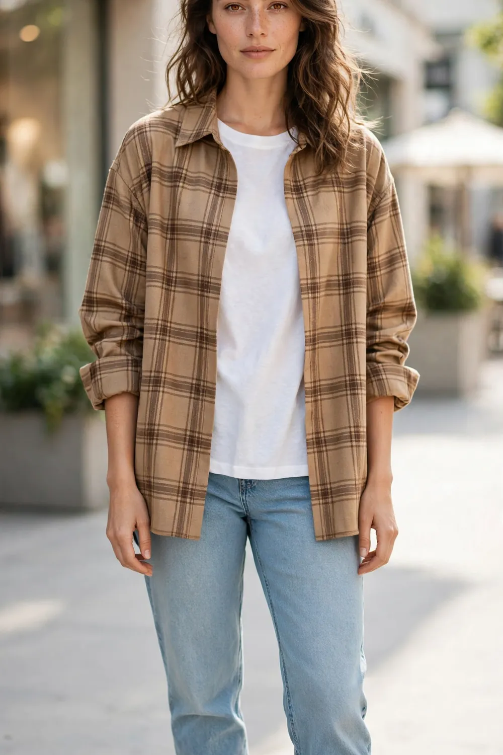 Woman in tan plaid overshirt jacket with white tee and light wash jeans