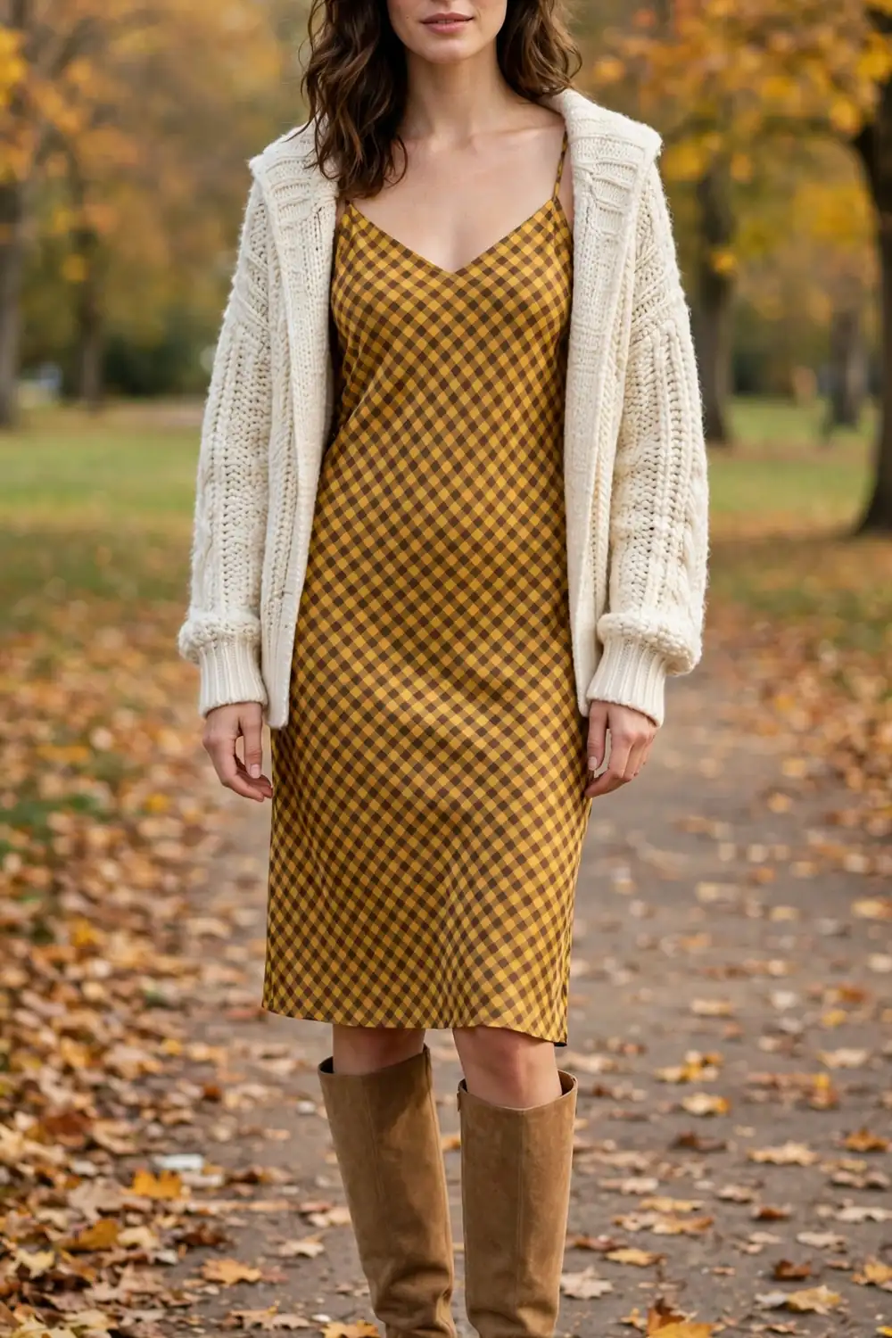 Woman in mustard check slip dress with cream cardigan and tan knee high boots