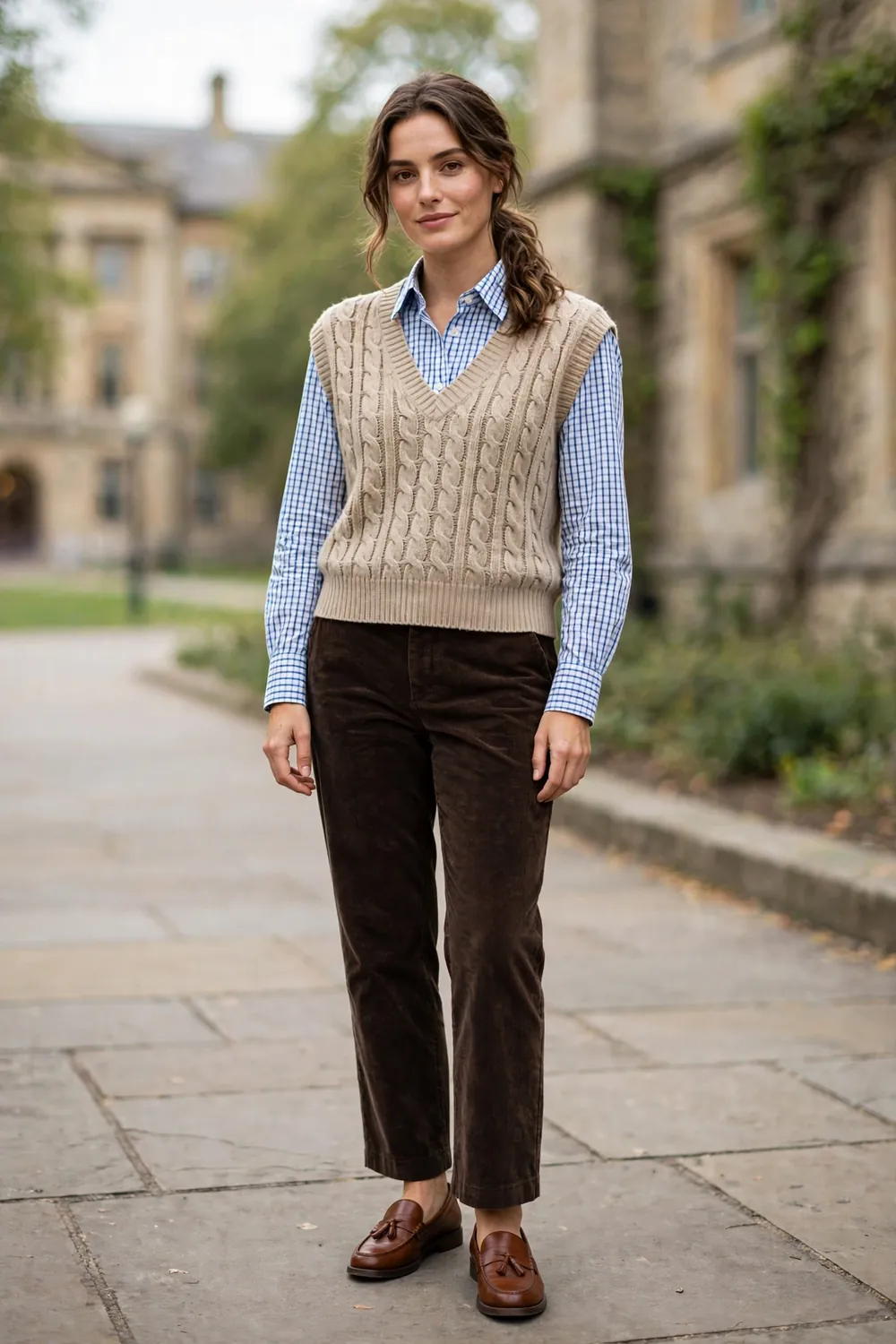 Woman in tattersall check shirt with beige knit vest and corduroy trousers