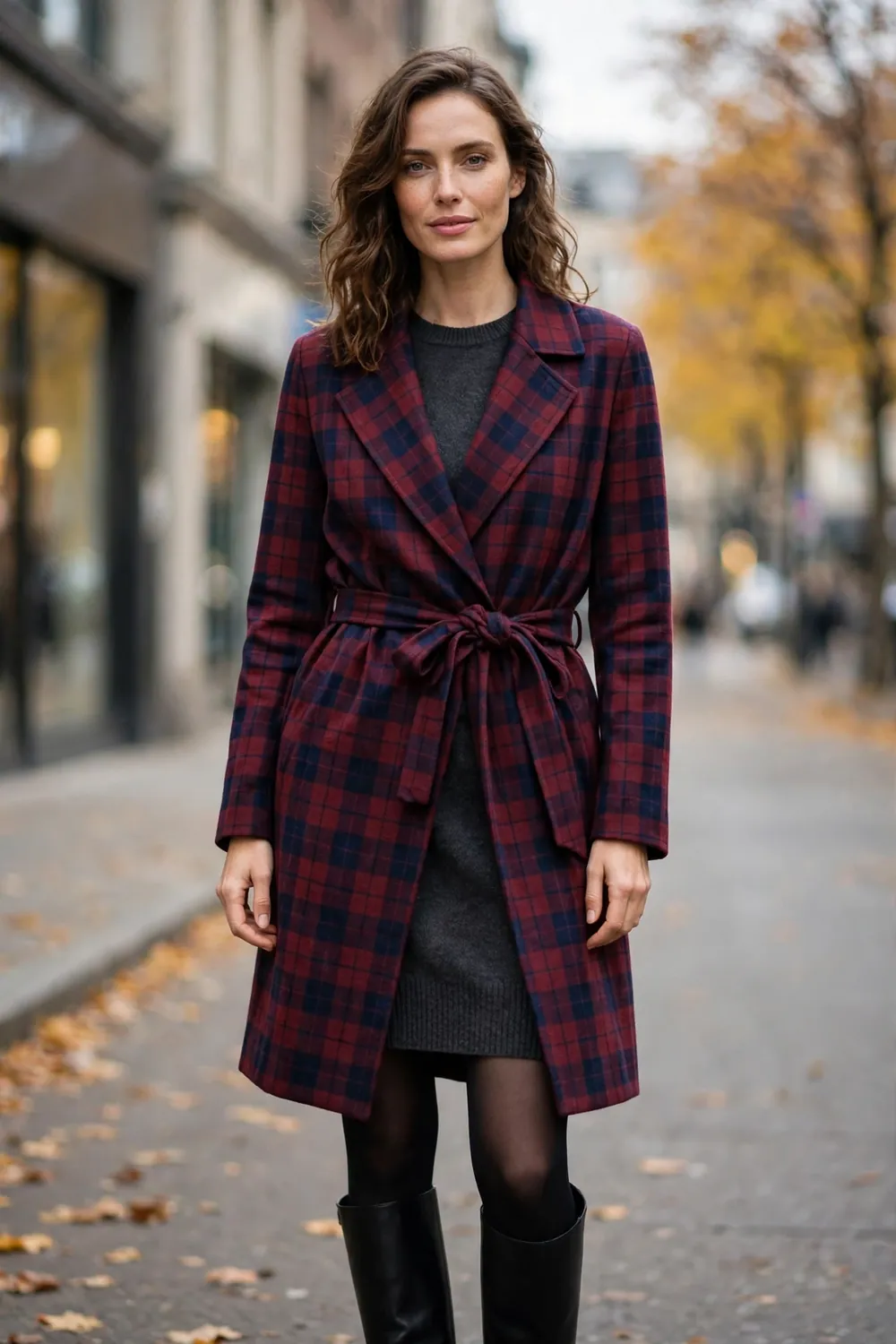 Woman in burgundy plaid wrap coat with tie belt and black knee high boots