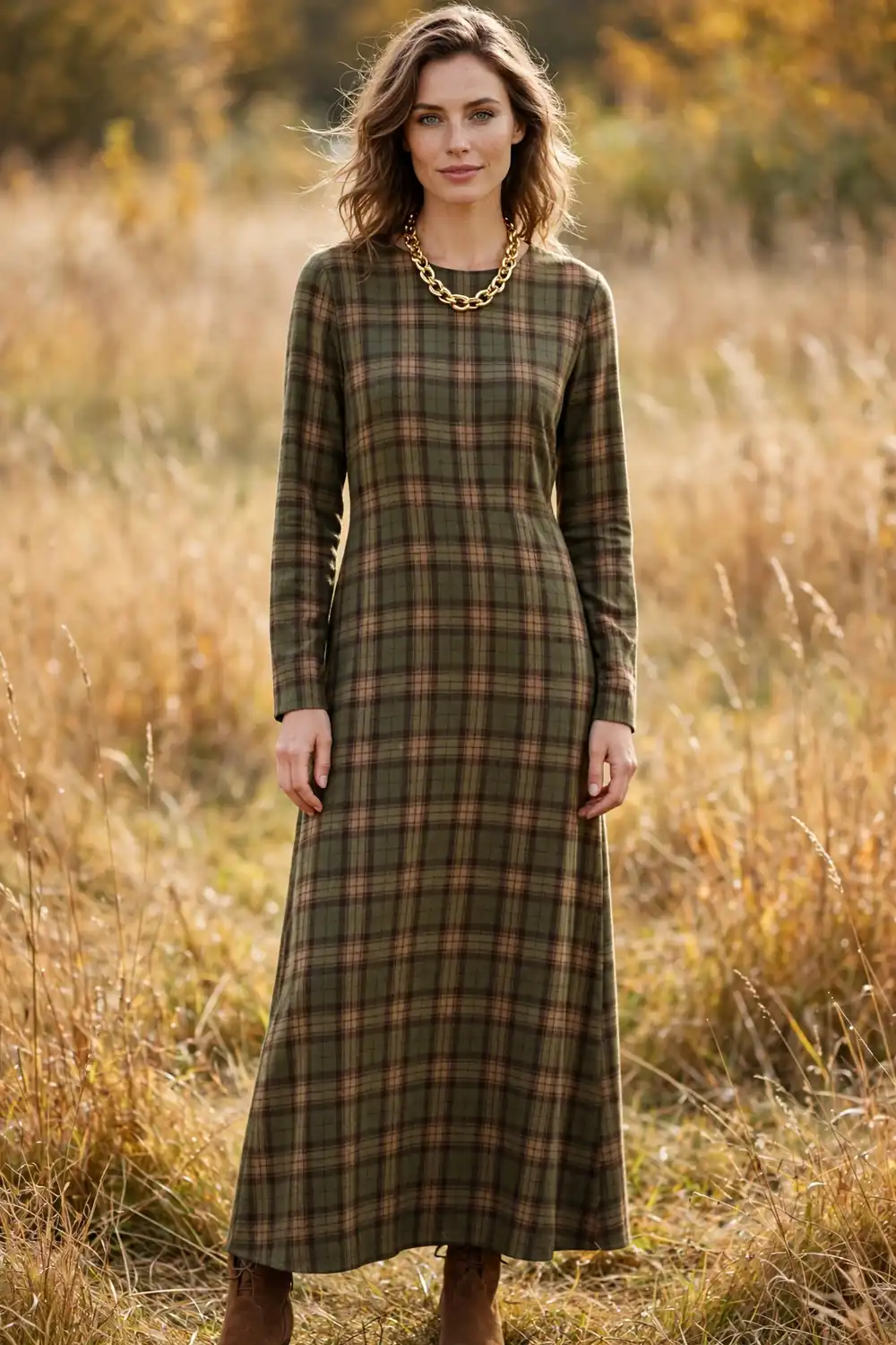 Woman in olive green plaid maxi dress with gold necklace in autumn field