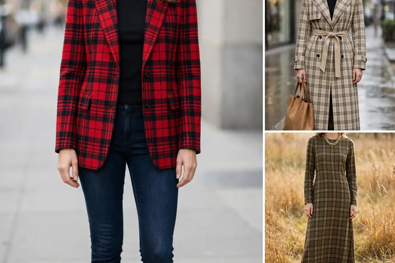 Collage of three plaid and check outfit ideas for fall, including red tartan blazer, beige plaid trench and olive plaid maxi dress