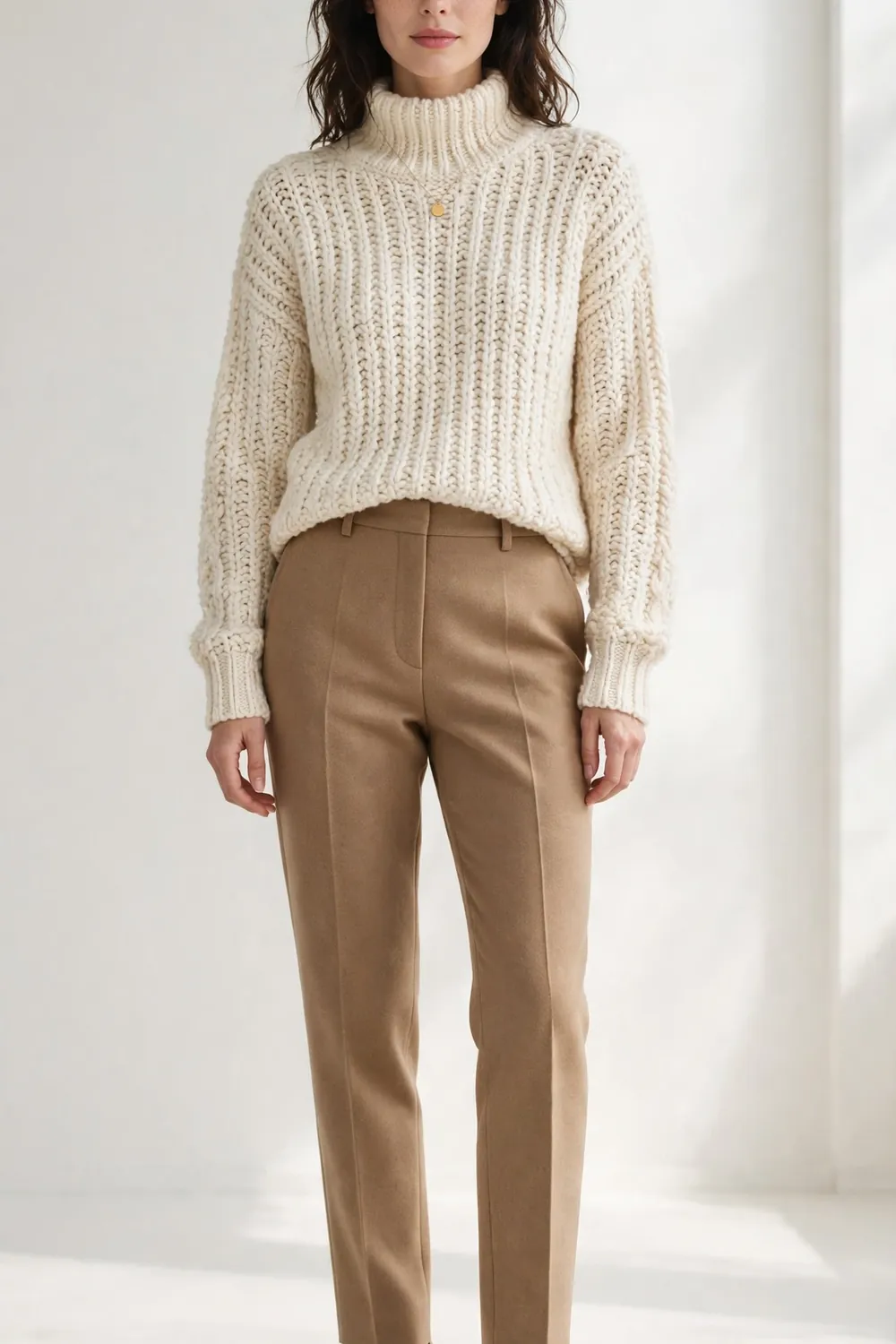 Cream Funnel Neck With Tan Trousers Outfit Woman in cream funnel neck knit sweater with tan trousers and beige heels, a funnel neck sweater outfit for cold days