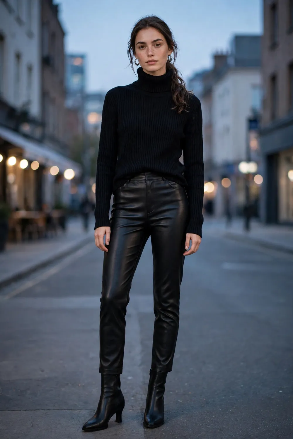 Black Funnel Neck With Leather Pants Outfit Woman in black funnel neck sweater with black leather pants and heeled boots