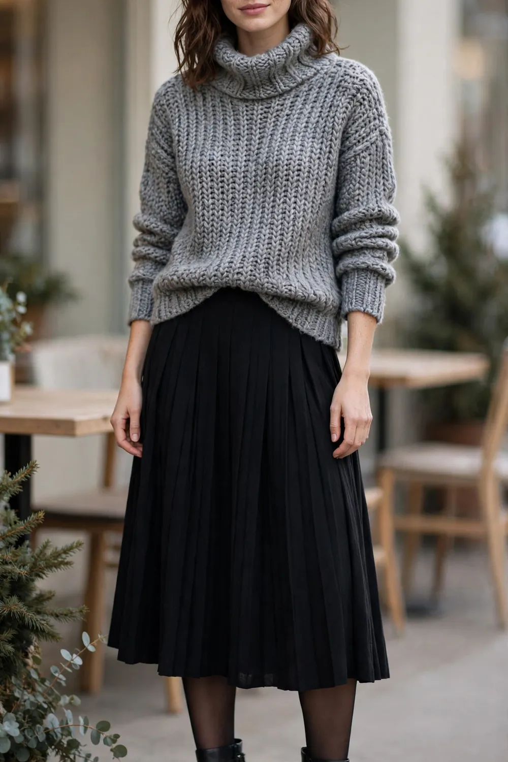 Gray Funnel Neck With Pleated Skirt Outfit Woman in gray funnel neck sweater with black pleated midi skirt and ankle boots