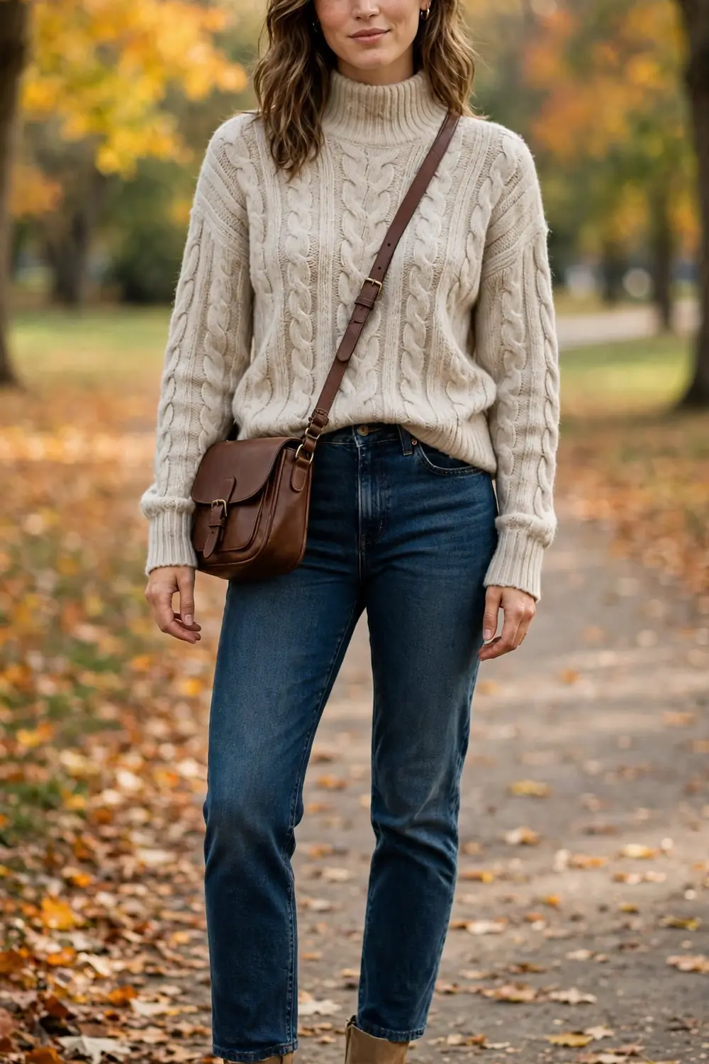 Oatmeal Funnel Neck With Jeans Outfit Woman in oatmeal cable knit funnel neck sweater with dark jeans and tan boots