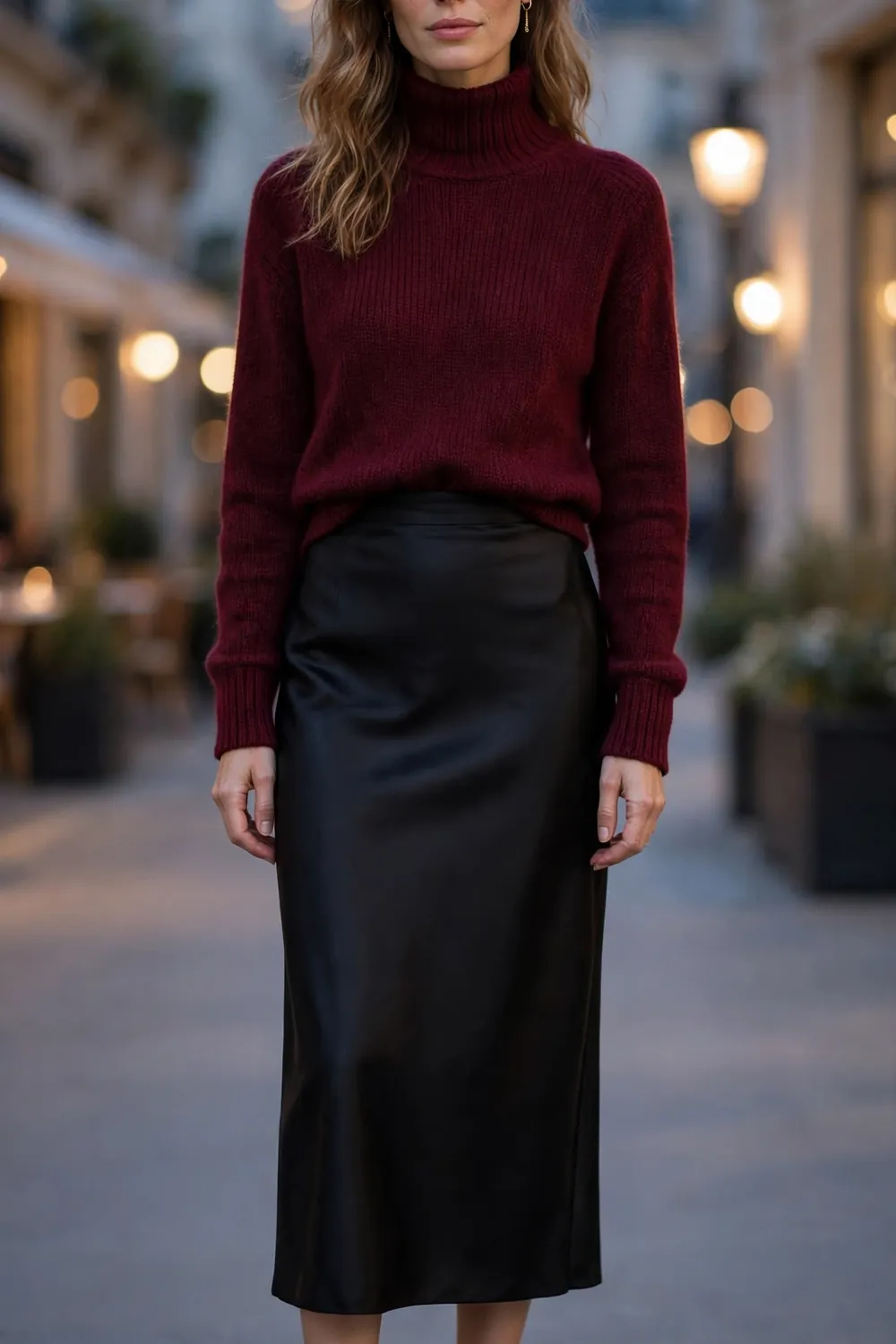 Burgundy Funnel Neck With Satin Skirt Outfit Woman in burgundy funnel neck sweater with black satin midi skirt