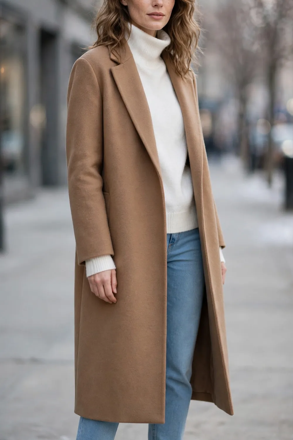 White Funnel Neck Under Camel Coat Outfit Woman in white funnel neck sweater layered under a camel coat with jeans