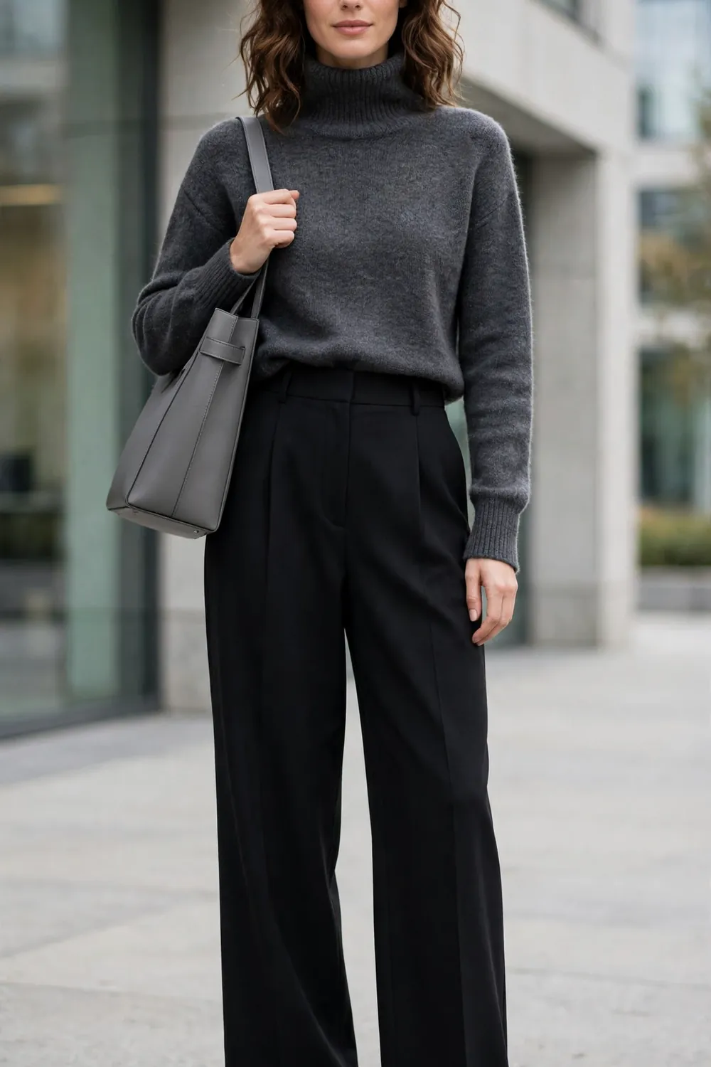 Charcoal Funnel Neck With Wide Leg Trousers Outfit Woman in charcoal funnel neck sweater with black wide leg trousers