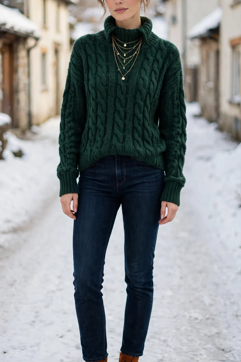 Forest Green Cable Knit Funnel Neck Outfit Woman in forest green cable knit funnel neck sweater with dark jeans and gold necklaces