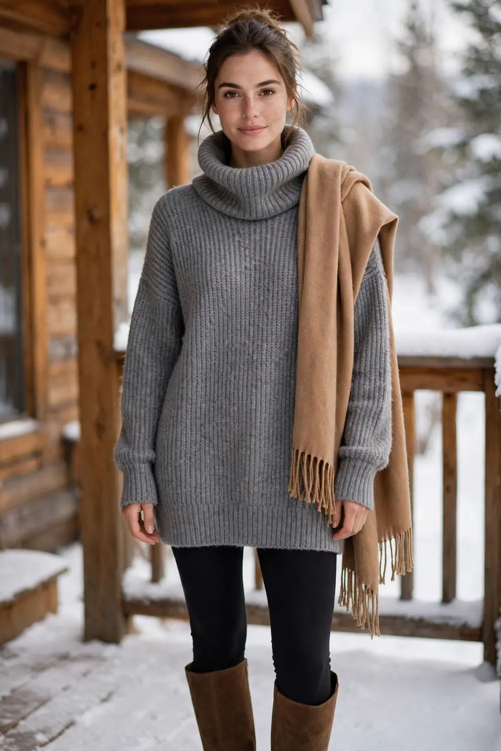 Funnel Neck Sweater Dress Outfit Woman in gray funnel neck sweater dress with leggings and knee high boots