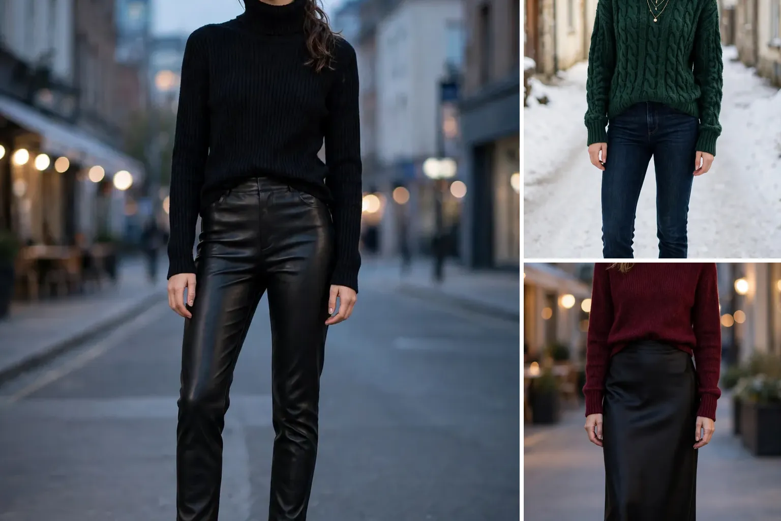 Collage of three funnel neck sweater outfits in black, forest green and burgundy