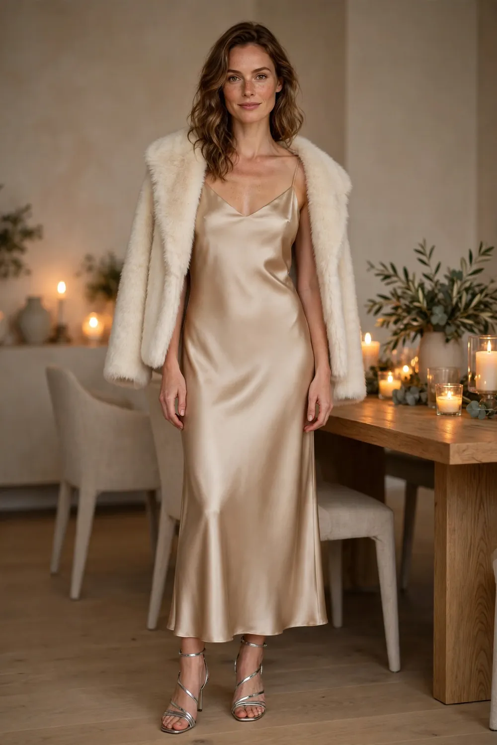 Champagne Satin Slip Dress New Years Eve Outfit Woman wearing a champagne satin slip dress with a faux fur coat draped over her shoulders, New Years Eve outfit