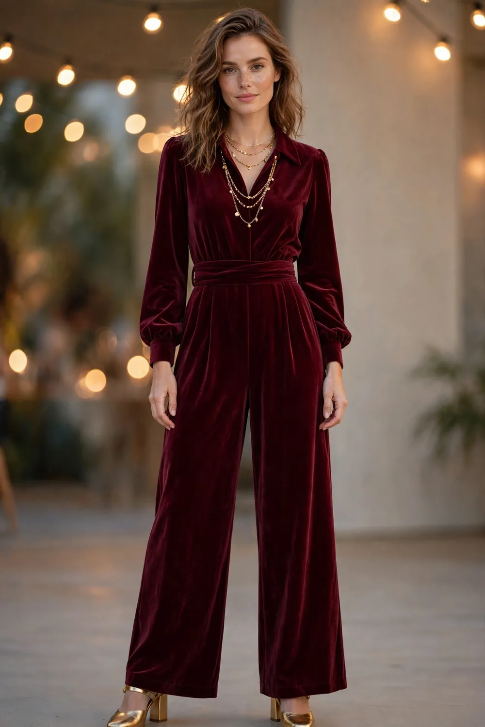 Burgundy Velvet Jumpsuit New Years Eve Outfit Woman wearing a burgundy velvet wide leg jumpsuit with gold jewelry, New Years Eve outfit