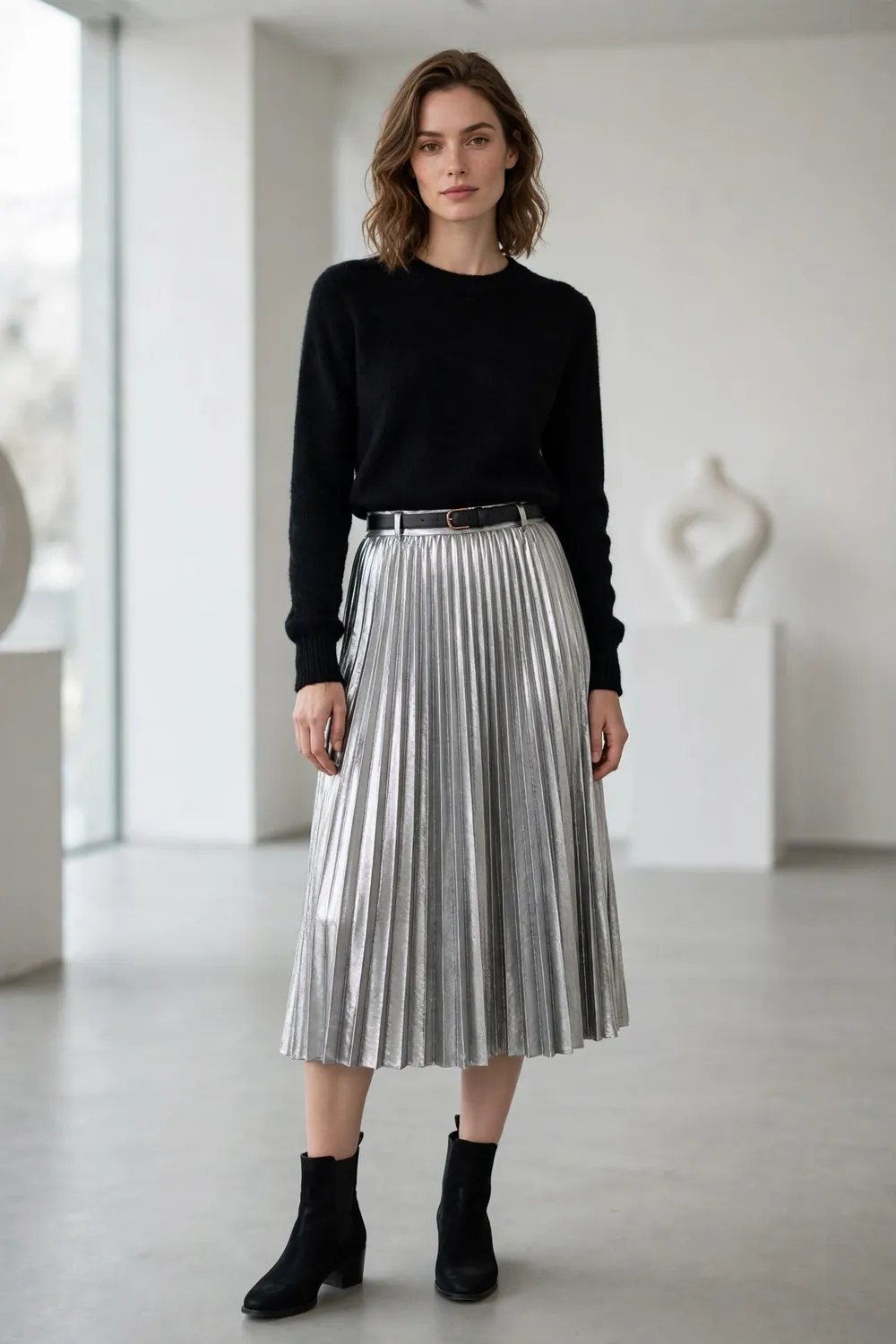 Pleated Metallic Skirt New Years Eve Outfit Woman wearing a pleated silver metallic skirt with a black knit sweater and ankle boots, New Years Eve outfit