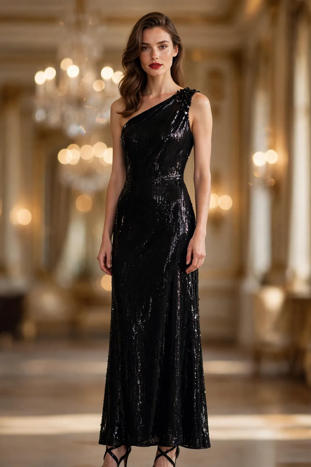 One Shoulder Black Sequin Gown New Years Eve Outfit Woman wearing a one shoulder black sequin gown with a red lip, New Years Eve outfit