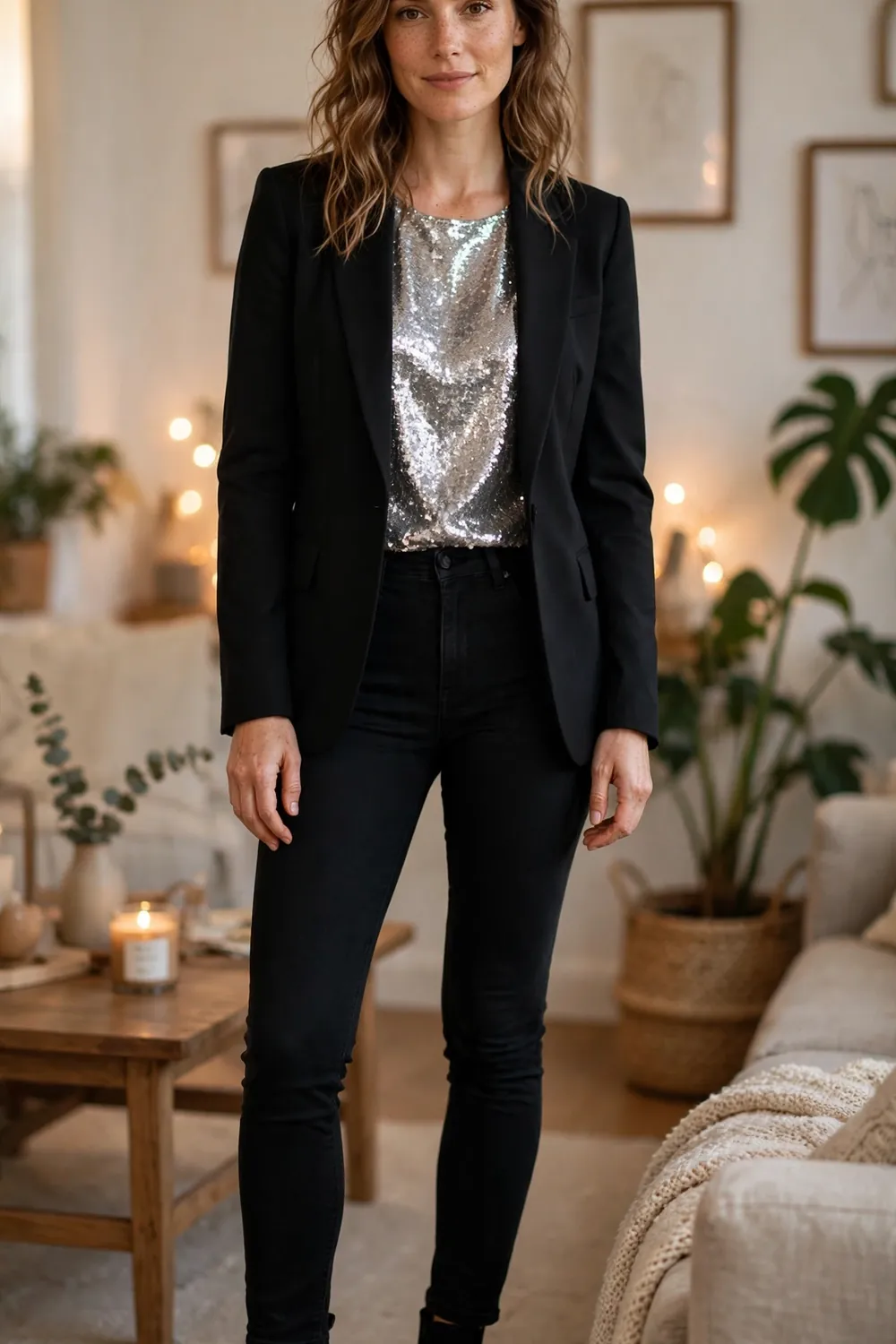 Sequin Top and Blazer Casual New Years Eve Outfit Woman wearing black jeans with a silver sequin top and a black blazer with boots, casual New Years Eve outfit