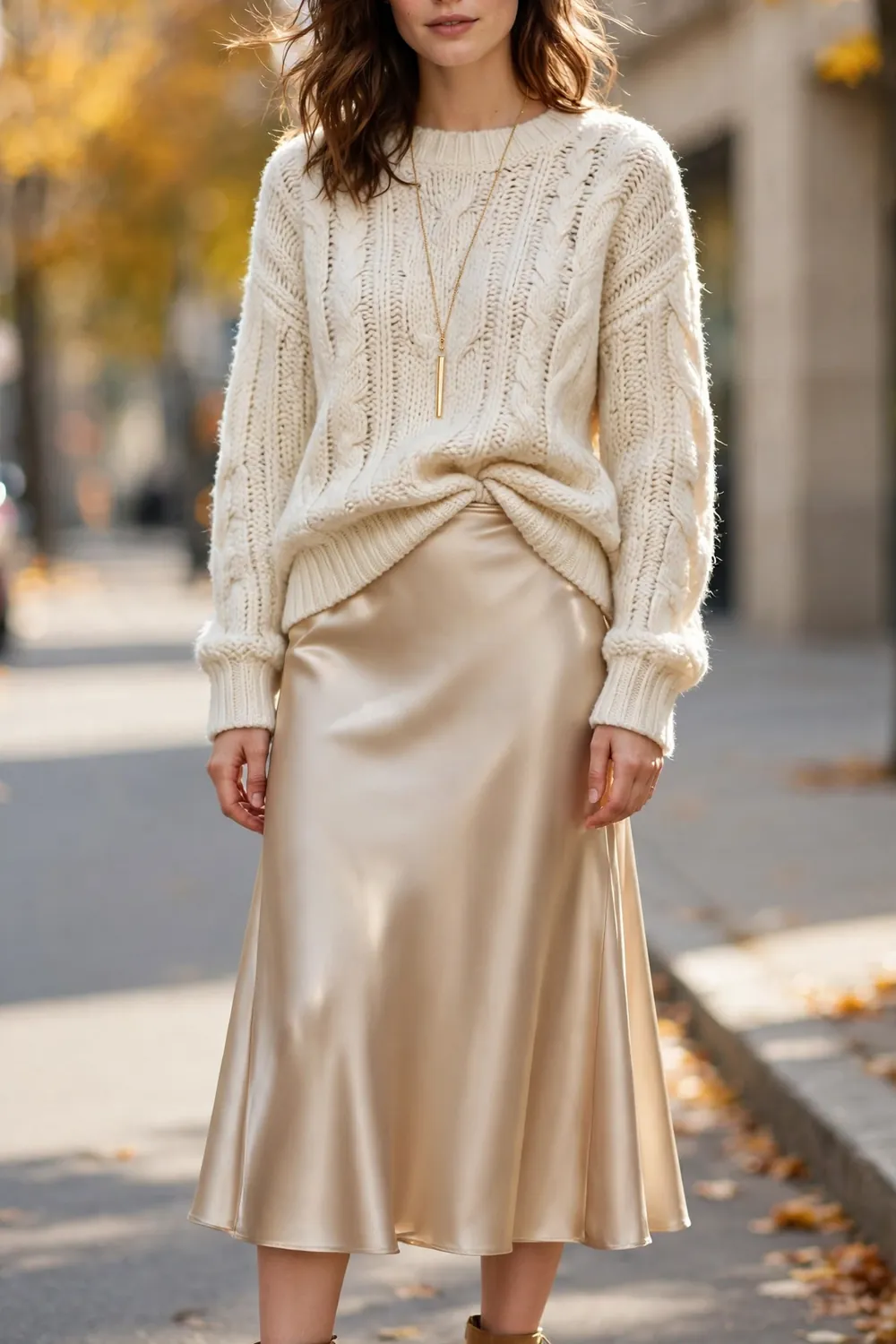 Champagne Satin Skirt and Knit Sweater Fall Outfit Woman wearing a champagne satin midi skirt with a chunky cream knit sweater and tan ankle boots, one of 12 satin skirt outfit ideas for fall