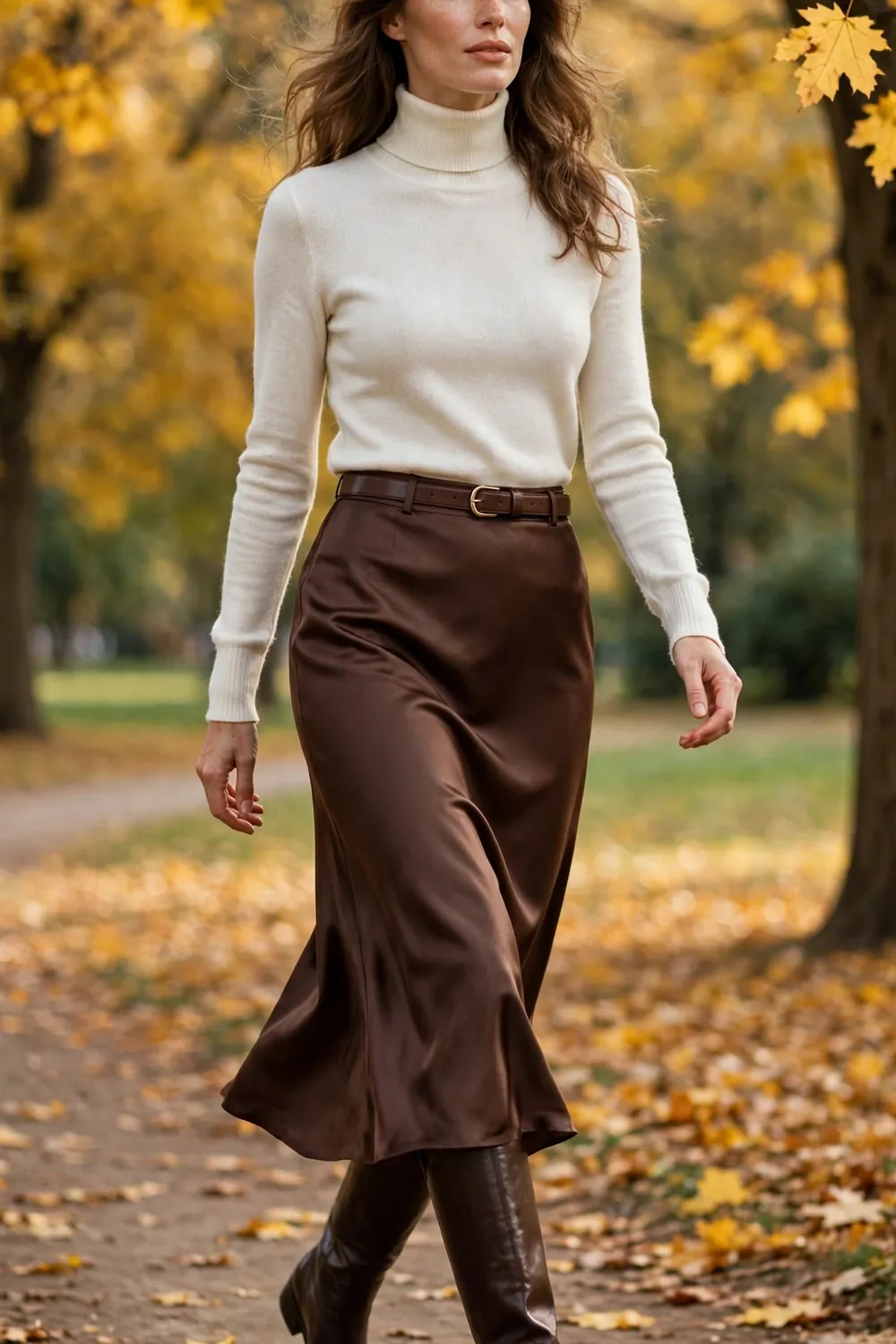 Chocolate Brown Satin Skirt Fall Outfit Woman wearing a chocolate brown satin midi skirt with an ivory turtleneck and knee high boots, fall outfit