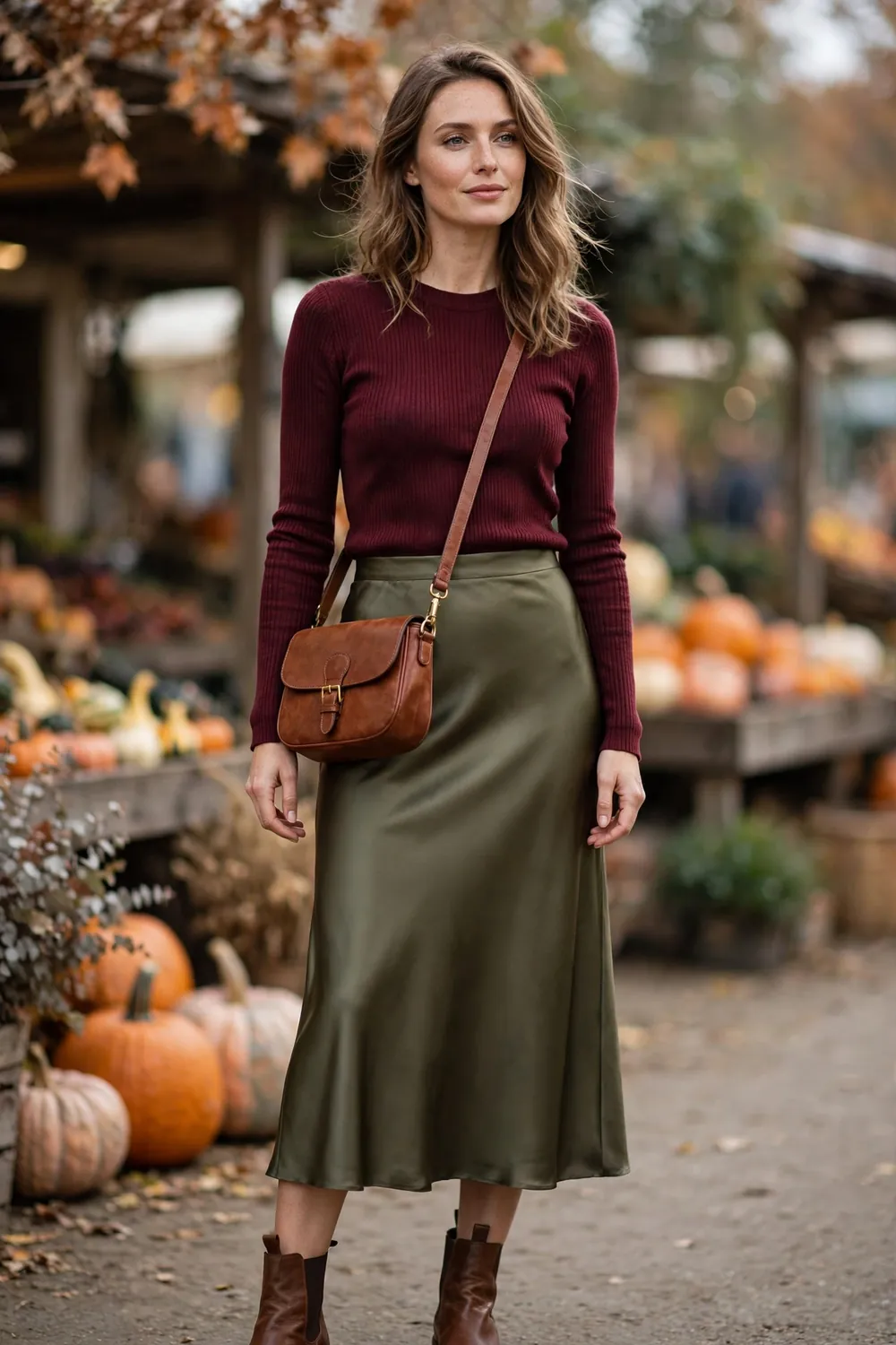 Olive Satin Skirt Fall Outfit Woman wearing an olive satin midi skirt with a burgundy ribbed sweater and brown ankle boots, fall outfit