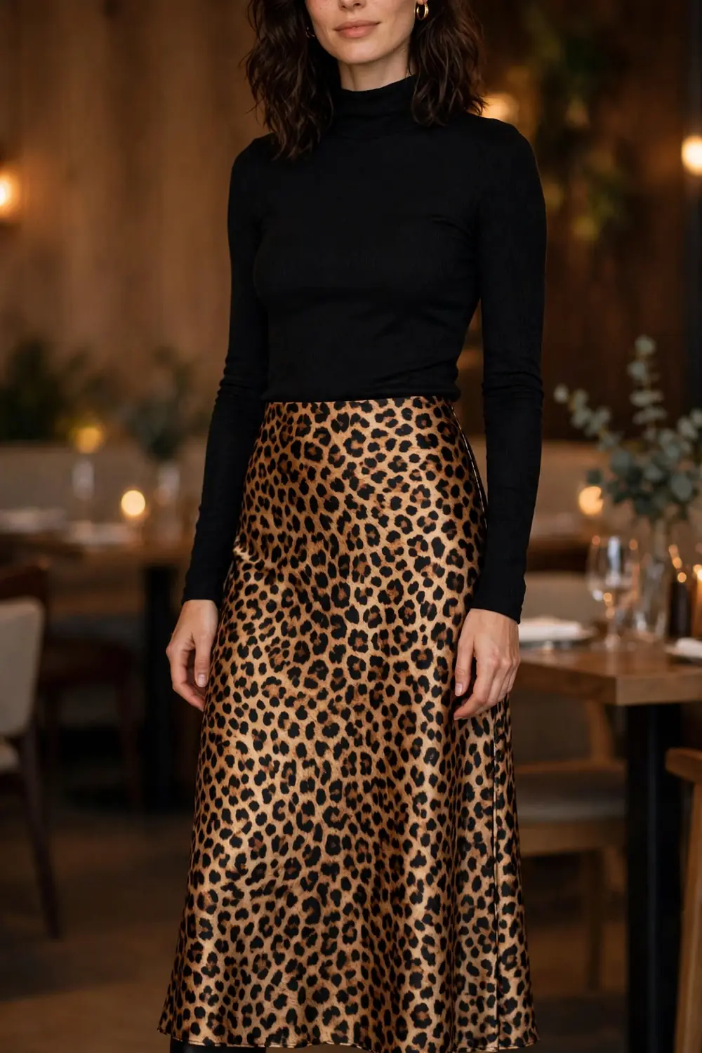 Leopard Print Satin Skirt Fall Outfit Woman wearing a leopard print satin midi skirt with a black fitted top and black knee high boots, fall outfit