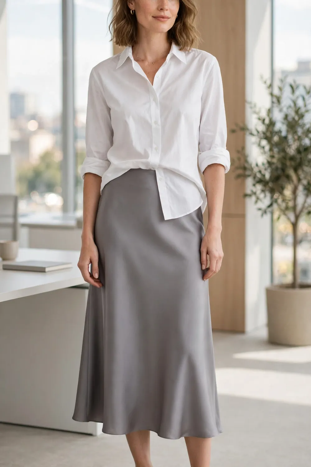 Gray Satin Skirt and White Shirt Fall Outfit Woman wearing a gray satin midi skirt with a white button down shirt and pointed flats, fall office outfit