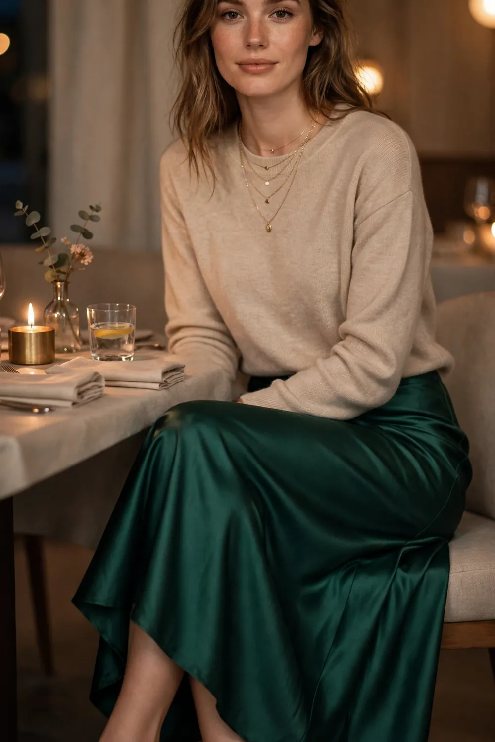 Emerald Satin Skirt Fall Evening Outfit Woman wearing an emerald satin midi skirt with a soft beige sweater and nude heels, fall evening outfit