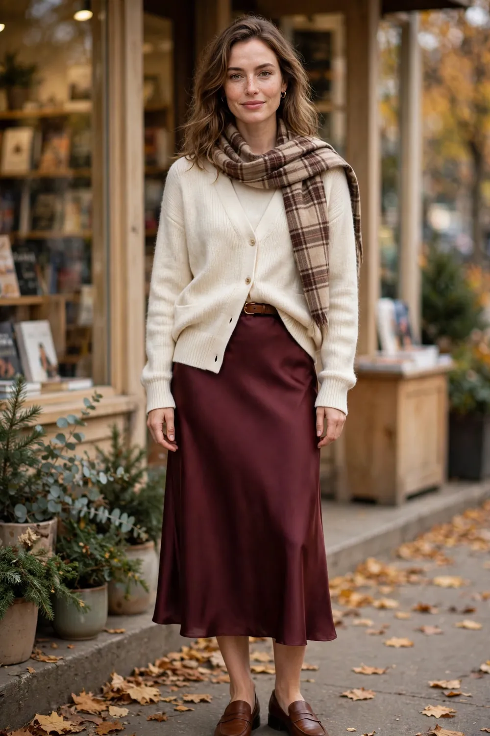Burgundy Satin Skirt and Cardigan Fall Outfit Woman wearing a burgundy satin midi skirt with a cream cardigan and brown loafers, fall outfit
