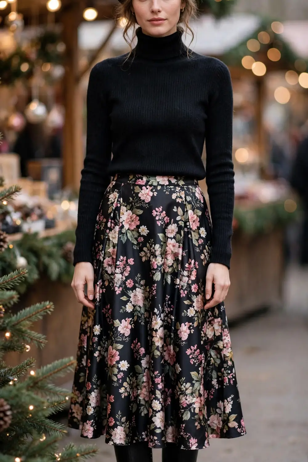 Floral Satin Skirt Fall Outfit Woman wearing a floral satin midi skirt with a black turtleneck and black boots, fall outfit