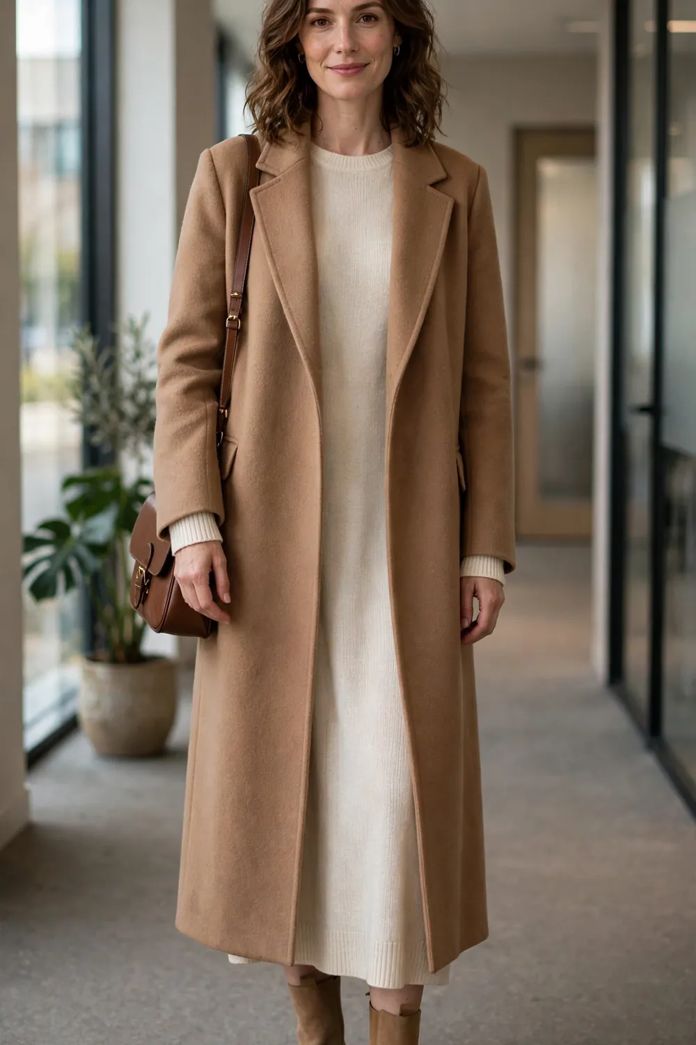 A camel wool coat layered over a cream knit midi dress with tan suede ankle boots in a softly lit office hallway.