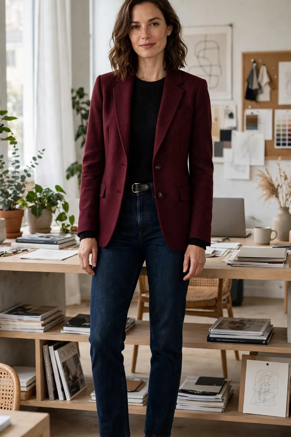 A burgundy blazer worn with dark straight leg jeans and black ankle boots in a creative office space.