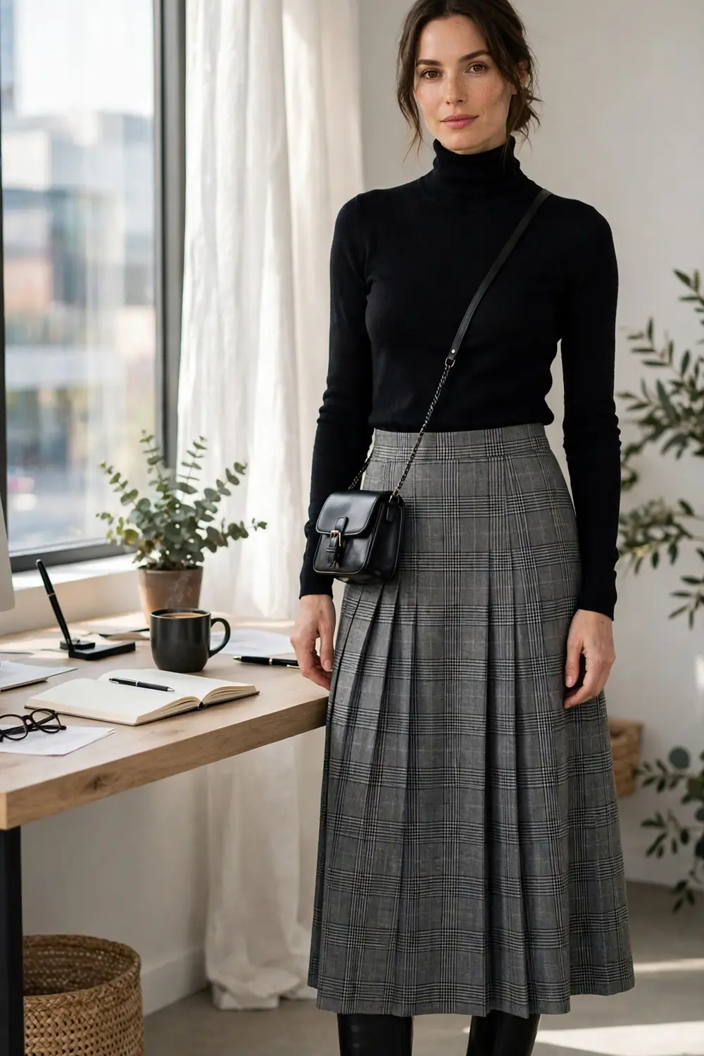 A plaid midi skirt paired with a black turtleneck and black knee high boots beside a window lit desk.