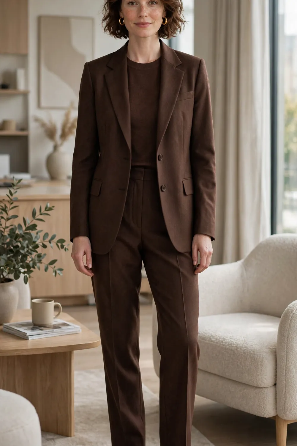 A chocolate brown monochrome suit with matching knit top and dark brown loafers in a calm office lounge.