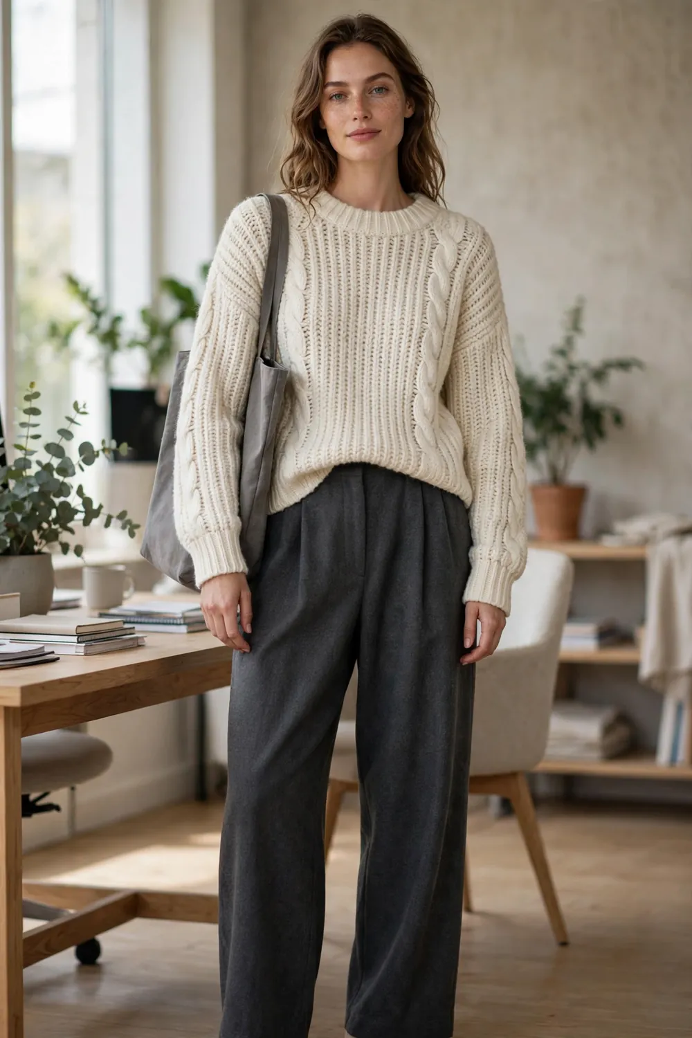 An ivory sweater tucked into charcoal wide leg trousers with a gray tote in a relaxed office setting.