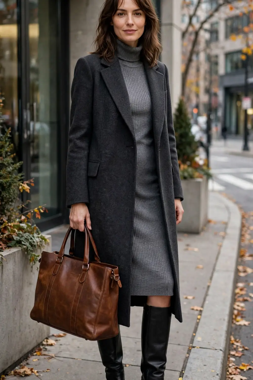 A long charcoal wool coat over a gray sweater dress with black knee high boots on a crisp city street.