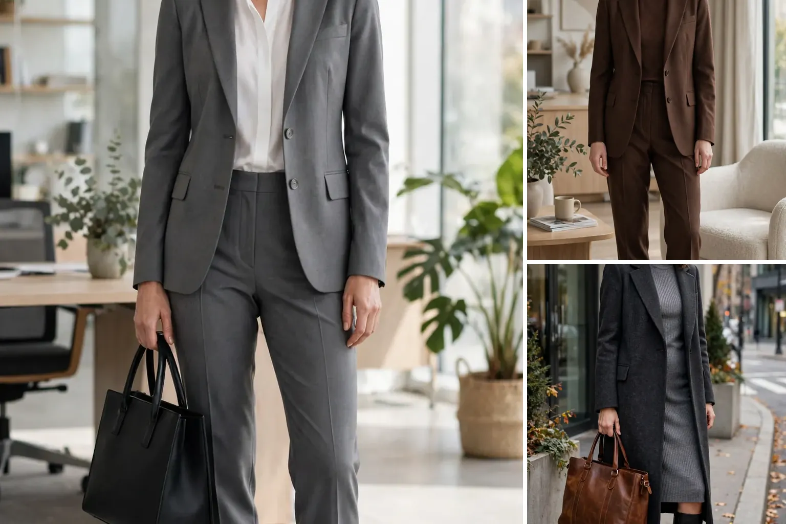 Collage of three polished november work outfits with a tailored suit, a knit dress and a long wool coat