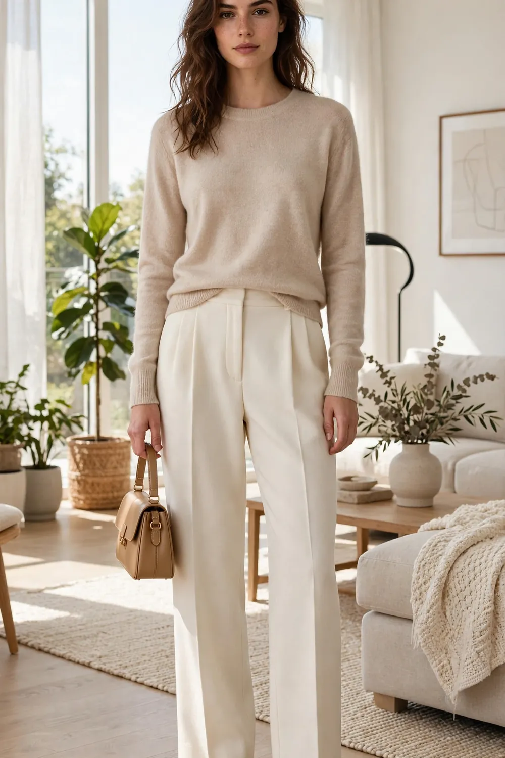 A beautiful example of quiet luxury outfits fall styling with a cashmere crewneck and ivory wide leg trousers in a sunlit living room.