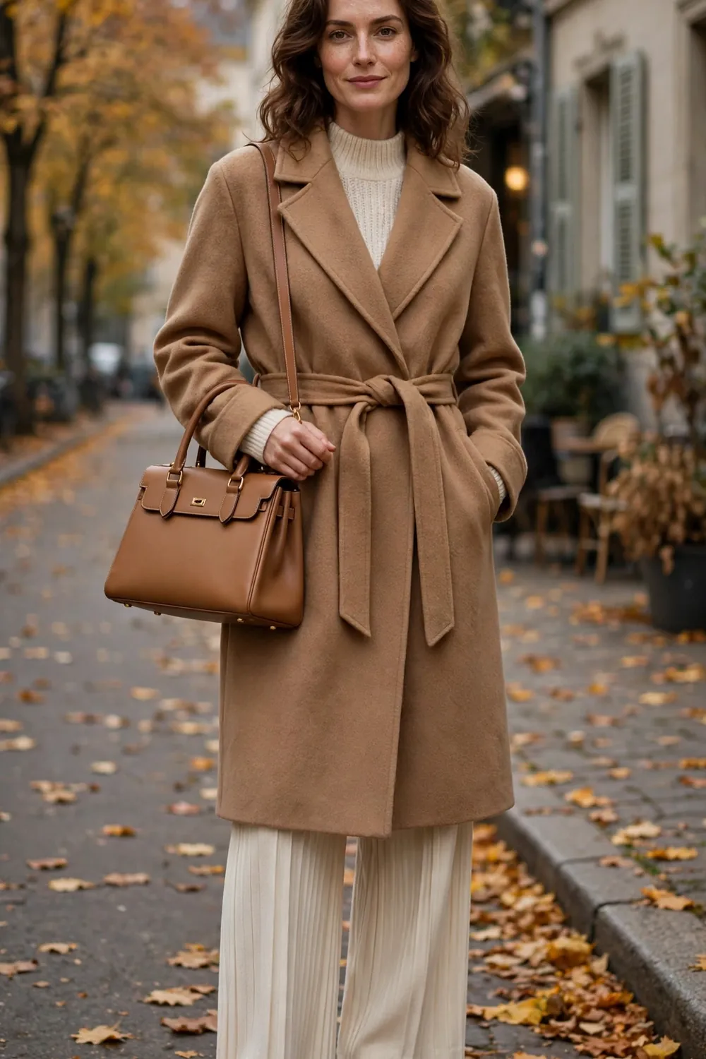 A camel wrap coat over a monochrome cream knit look with brown leather loafers on a quiet autumn street.