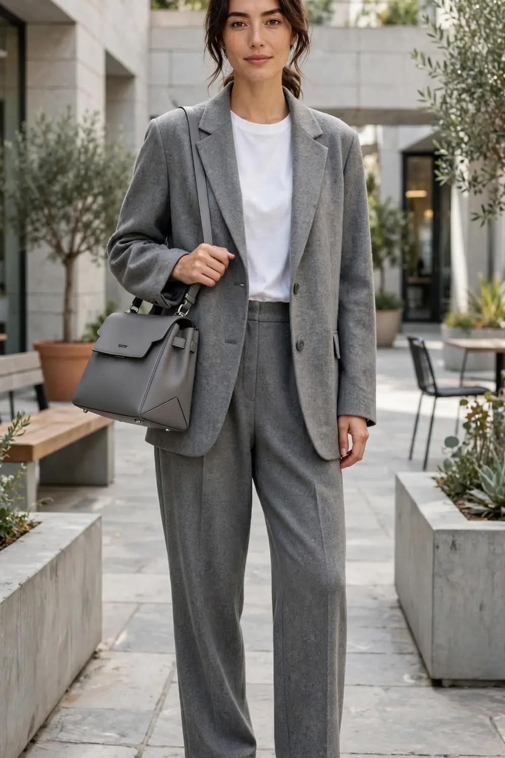 A gray oversized suit with a white cotton tee and white leather sneakers in a bright city courtyard.