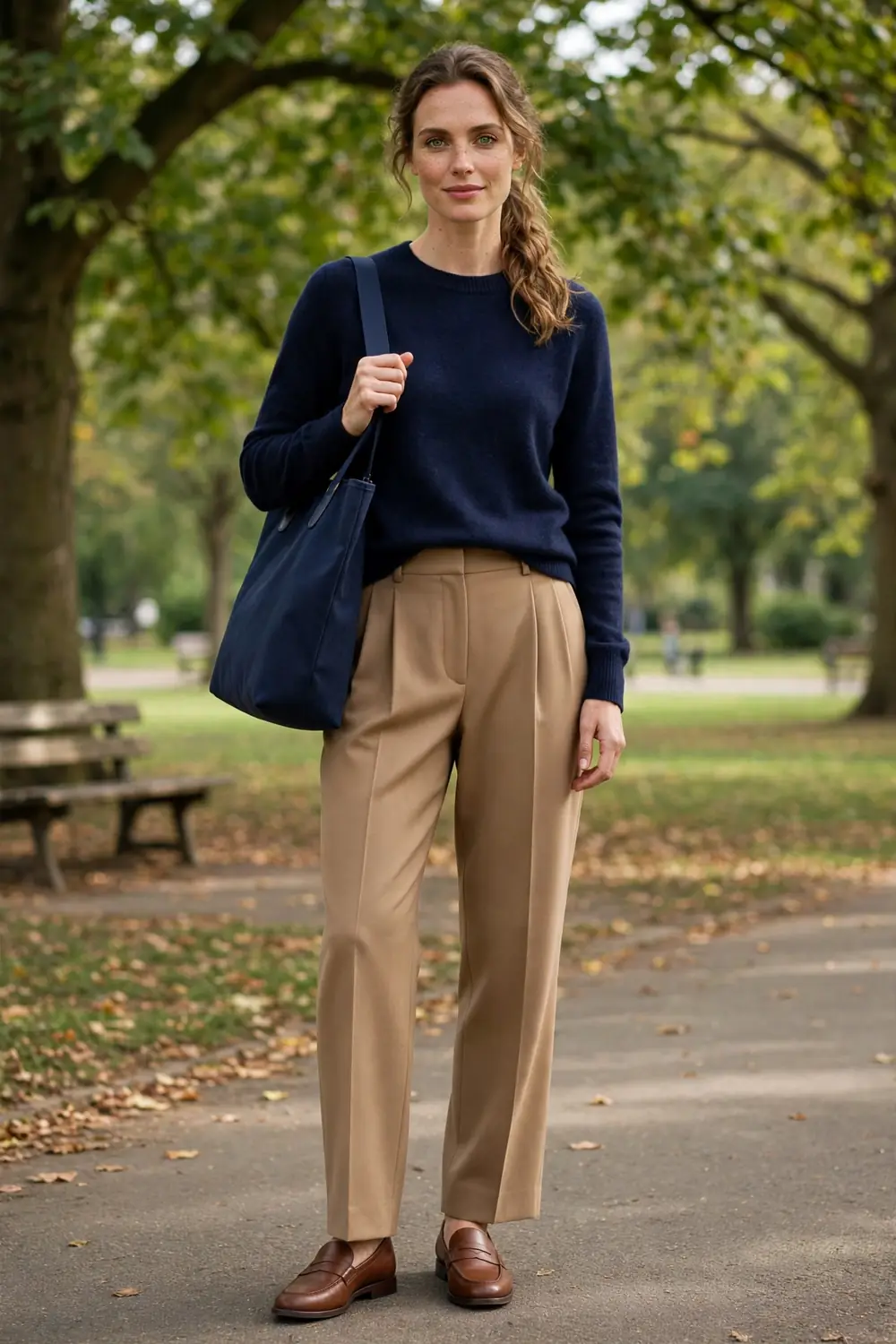 A navy cashmere sweater paired with camel pleated trousers and brown leather loafers in a calm park setting.