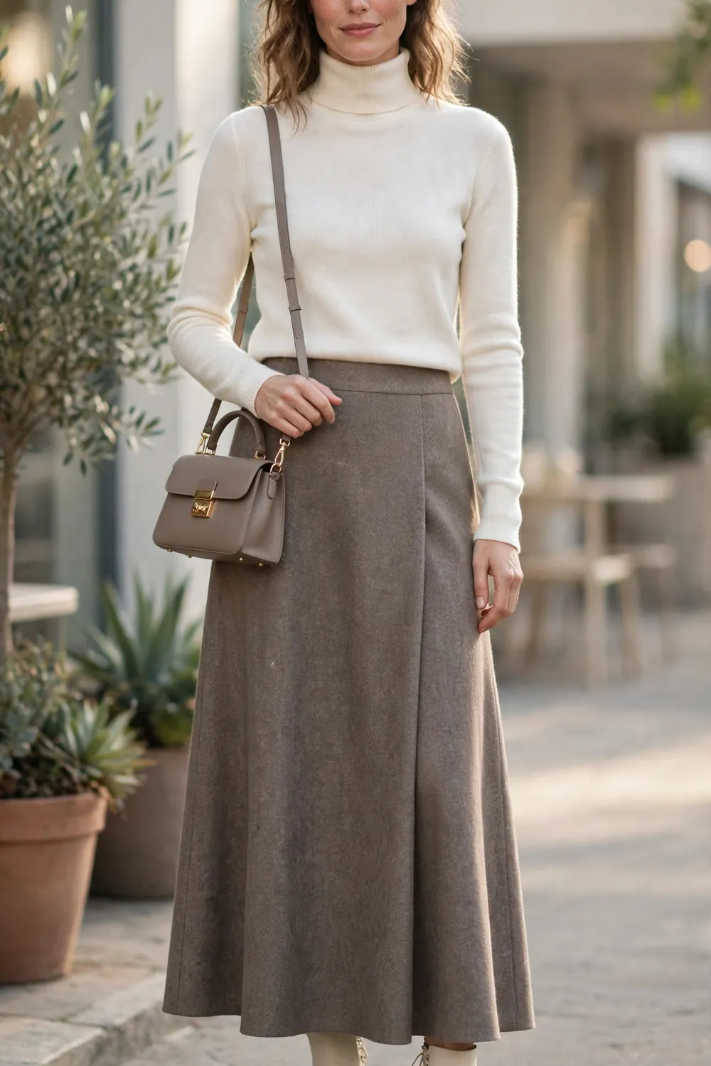 An ivory turtleneck with a long taupe wool skirt and cream ankle boots in soft morning light.