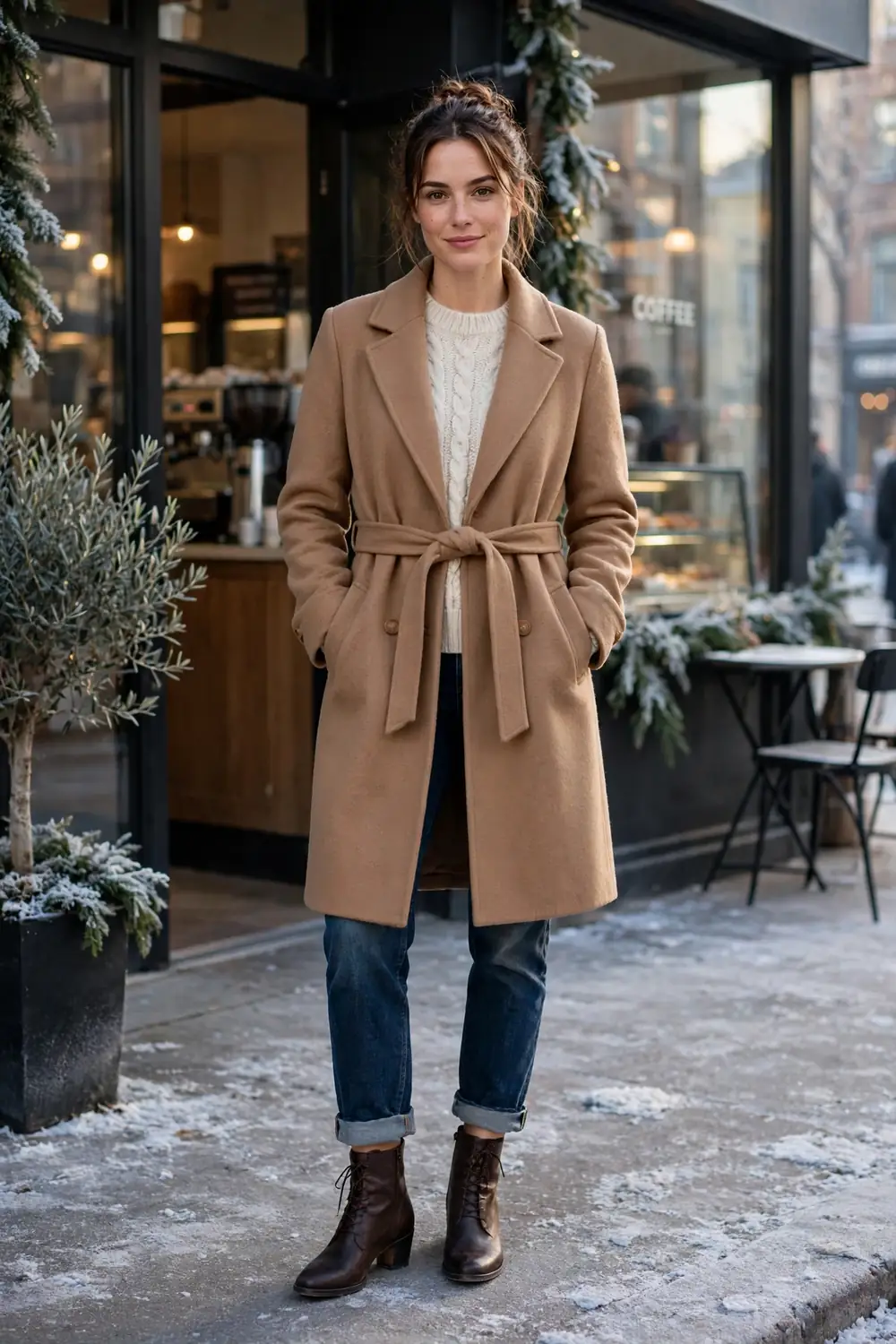 Ankle Boots with Jeans Outfit Learning how to wear boots starts with dark brown ankle boots, cropped straight leg jeans and a cream cable knit sweater outside a coffee shop